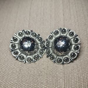 Vintage Silver-Tone Round Statement Clip-On Earrings, Pre-loved in EC
